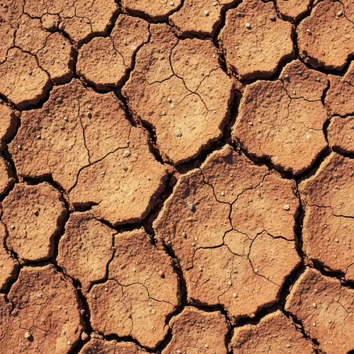 Cracked, sun-baked desert clay with deep fissures and warm terracotta tones illustrates the effects of extreme dry heat.