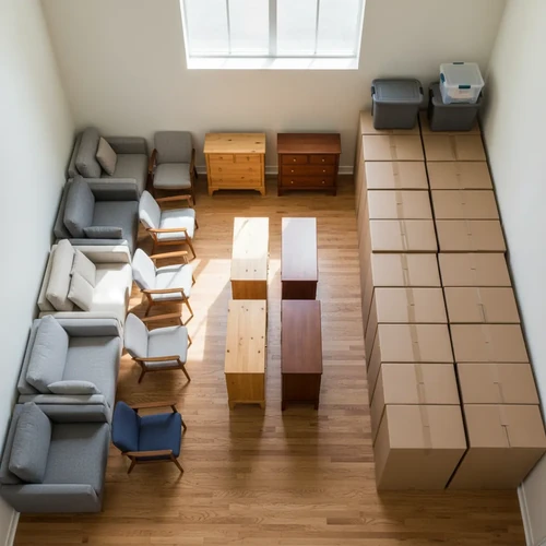 Aerial view of furniture and boxes neatly organized in rows on a wood floor, illustrating storage unit space planning.